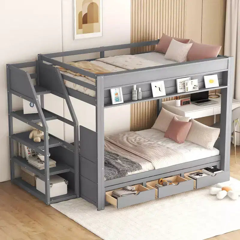 Full over Full Bunk Bed with Drawers and Staircase for Storage, Wood Full Convertible Bunk Bed with Bedside Table for Kids Teens