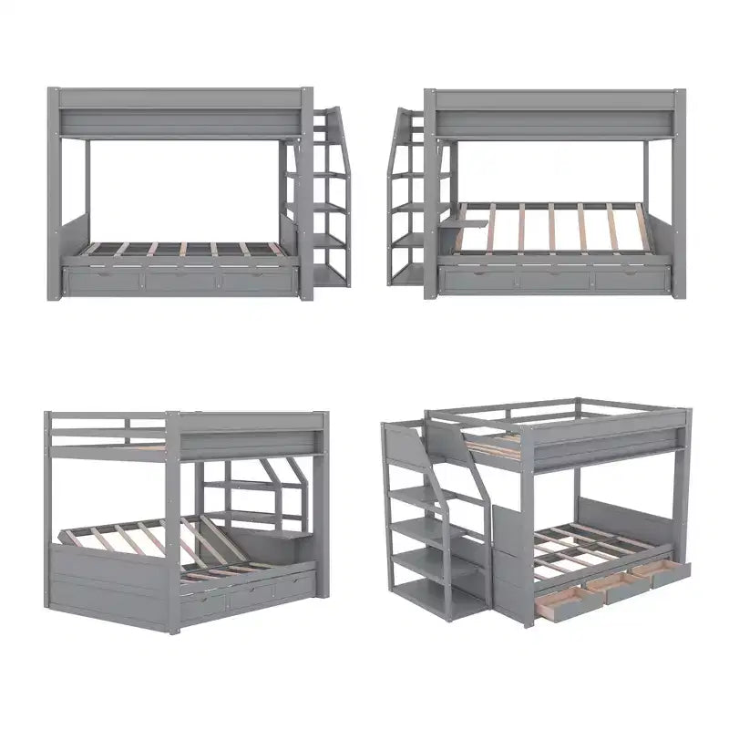 Full over Full Bunk Bed with Drawers and Staircase for Storage, Wood Full Convertible Bunk Bed with Bedside Table for Kids Teens