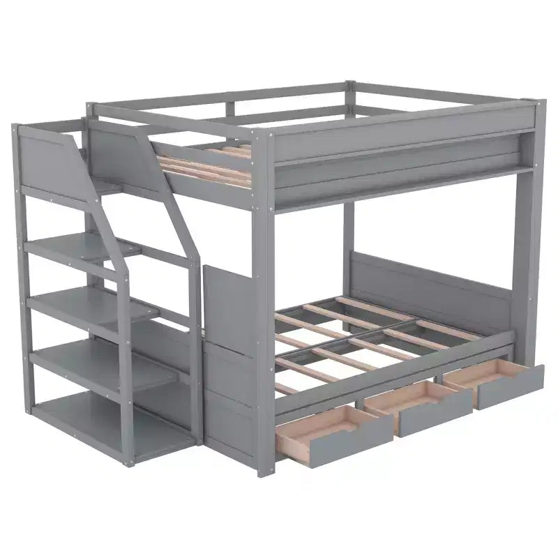Full over Full Bunk Bed with Drawers and Staircase for Storage, Wood Full Convertible Bunk Bed with Bedside Table for Kids Teens