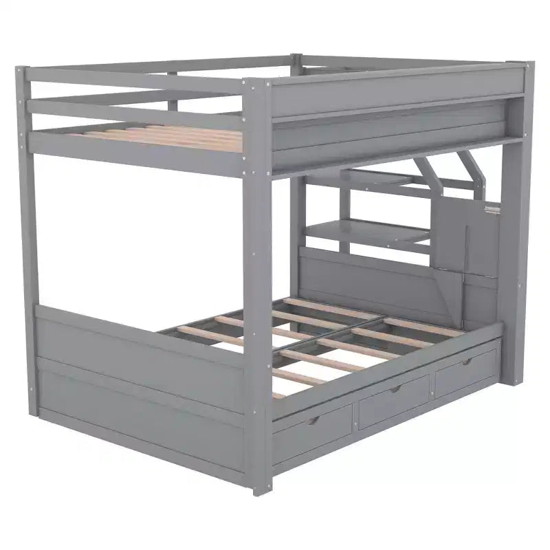 Full over Full Bunk Bed with Drawers and Staircase for Storage, Wood Full Convertible Bunk Bed with Bedside Table for Kids Teens
