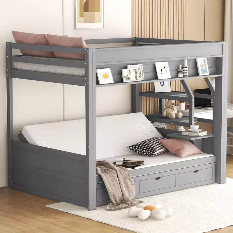 Full over Full Bunk Bed with Drawers and Staircase for Storage, Wood Full Convertible Bunk Bed with Bedside Table for Kids Teens