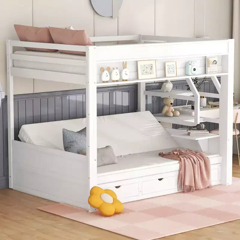 Full over Full Bunk Bed with Drawers and Staircase for Storage, Wood Full Convertible Bunk Bed with Bedside Table for Kids Teens