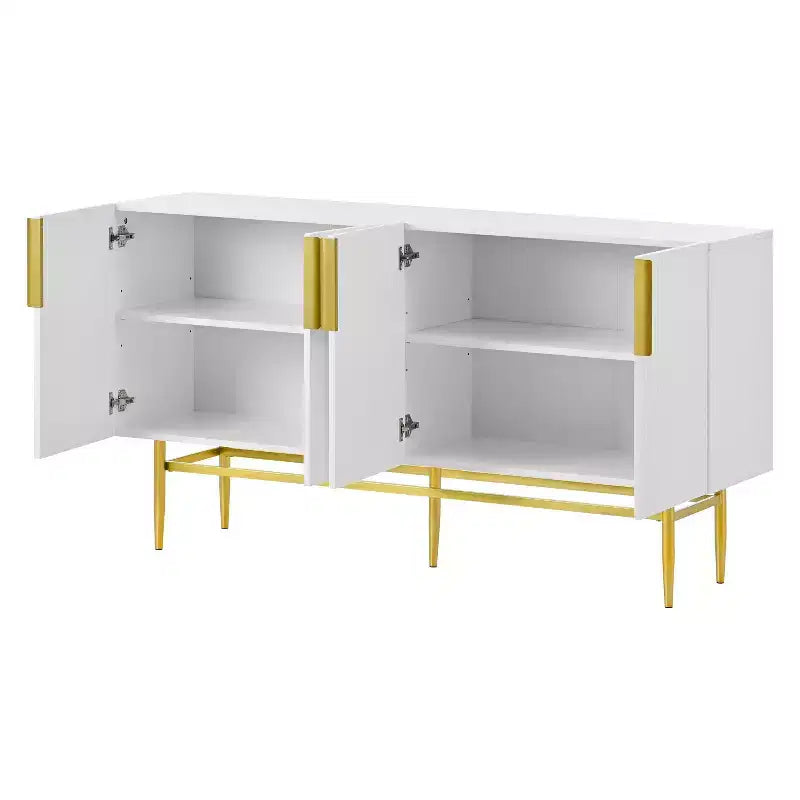 Hostack 4-Door Sideboard Cabinet with Gold Metal Handles and Elegant Storage for Dining and Living Room, White