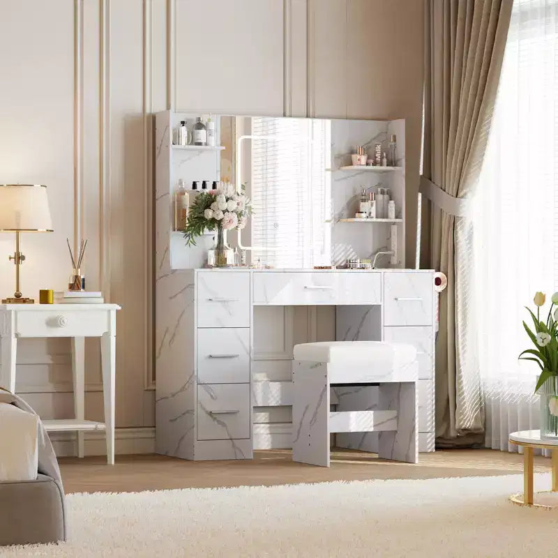 COZONY Vanity Desk with Lights, Mirror & Chair - Makeup Vanity Table with 7 Drawers, 6 Shelves & Adjustable Lighting