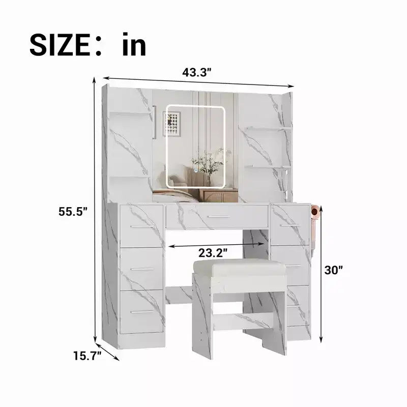 COZONY Vanity Desk with Lights, Mirror & Chair - Makeup Vanity Table with 7 Drawers, 6 Shelves & Adjustable Lighting