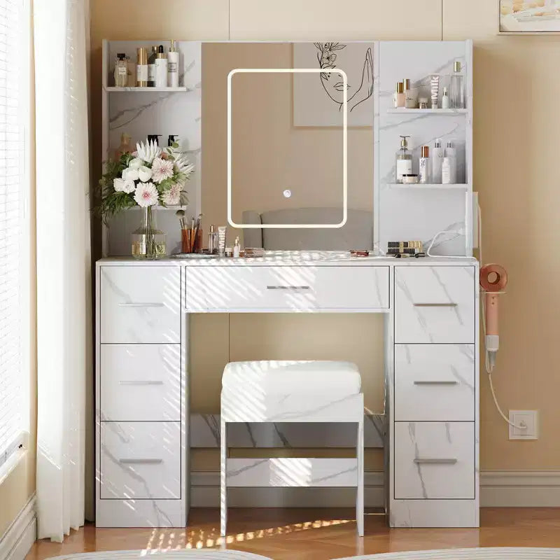 COZONY Vanity Desk with Lights, Mirror & Chair - Makeup Vanity Table with 7 Drawers, 6 Shelves & Adjustable Lighting
