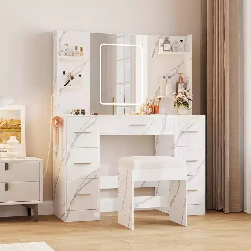 COZONY Vanity Desk with Lights, Mirror & Chair - Makeup Vanity Table with 7 Drawers, 6 Shelves & Adjustable Lighting