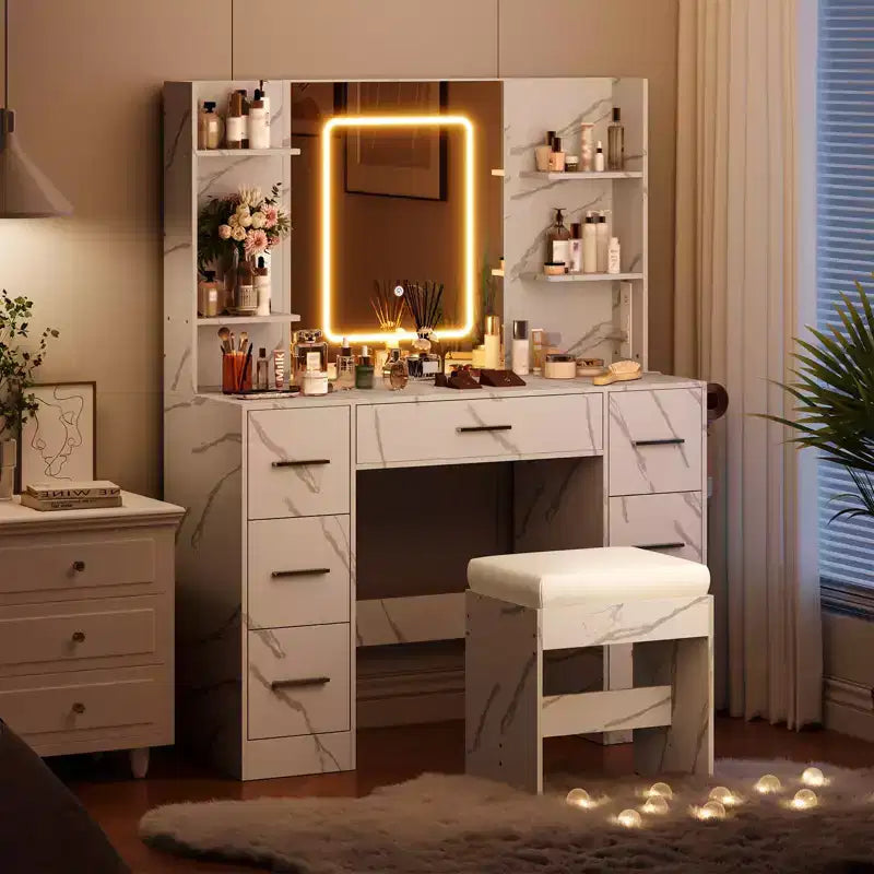 COZONY Vanity Desk with Lights, Mirror & Chair - Makeup Vanity Table with 7 Drawers, 6 Shelves & Adjustable Lighting