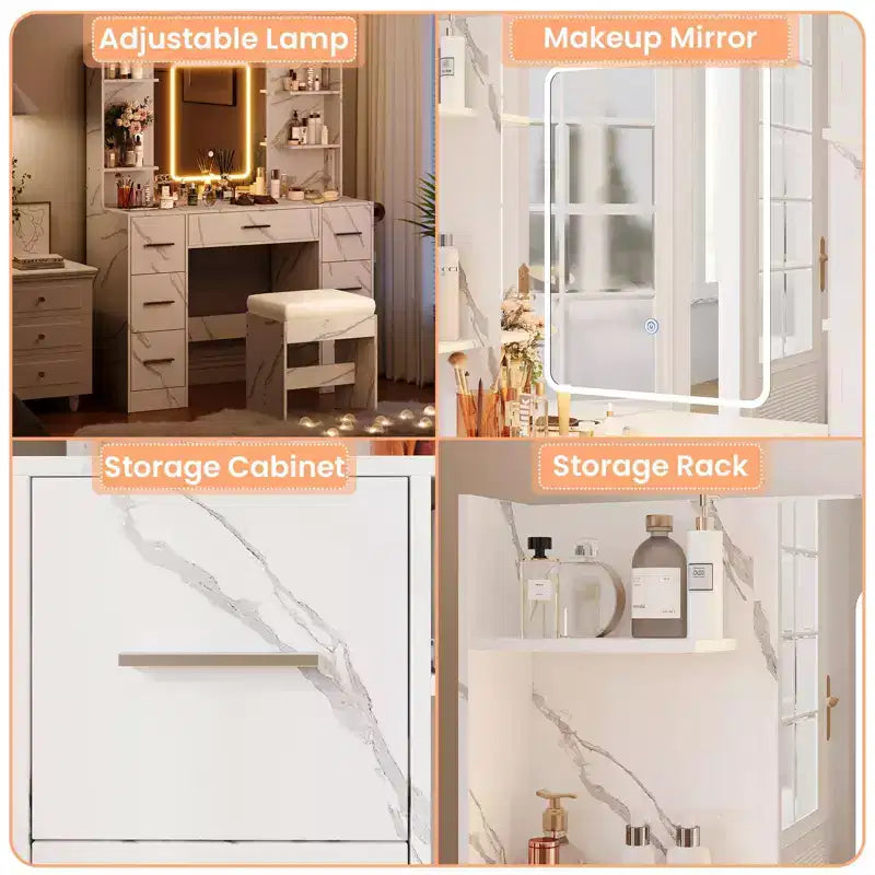 COZONY Vanity Desk with Lights, Mirror & Chair - Makeup Vanity Table with 7 Drawers, 6 Shelves & Adjustable Lighting