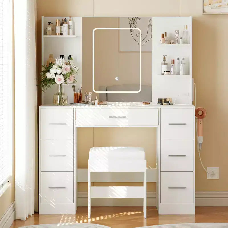 COZONY Vanity Desk with Lights, Mirror & Chair - Makeup Vanity Table with 7 Drawers, 6 Shelves & Adjustable Lighting