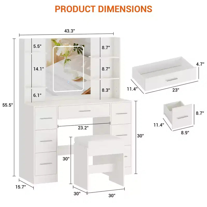 COZONY Vanity Desk with Lights, Mirror & Chair - Makeup Vanity Table with 7 Drawers, 6 Shelves & Adjustable Lighting