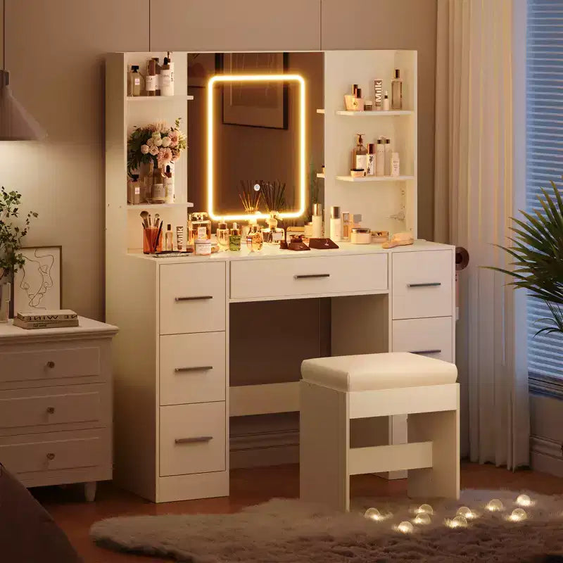 COZONY Vanity Desk with Lights, Mirror & Chair - Makeup Vanity Table with 7 Drawers, 6 Shelves & Adjustable Lighting