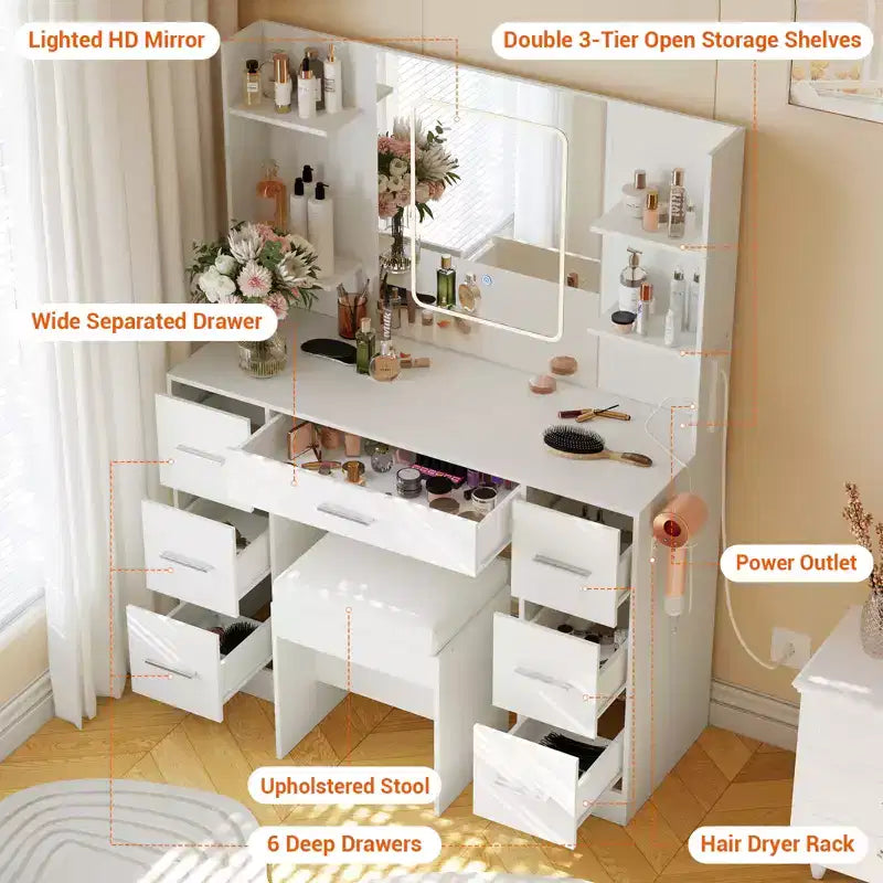 COZONY Vanity Desk with Lights, Mirror & Chair - Makeup Vanity Table with 7 Drawers, 6 Shelves & Adjustable Lighting