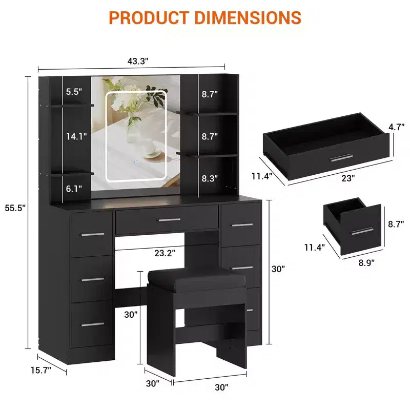 COZONY Vanity Desk with Lights, Mirror & Chair - Makeup Vanity Table with 7 Drawers, 6 Shelves & Adjustable Lighting