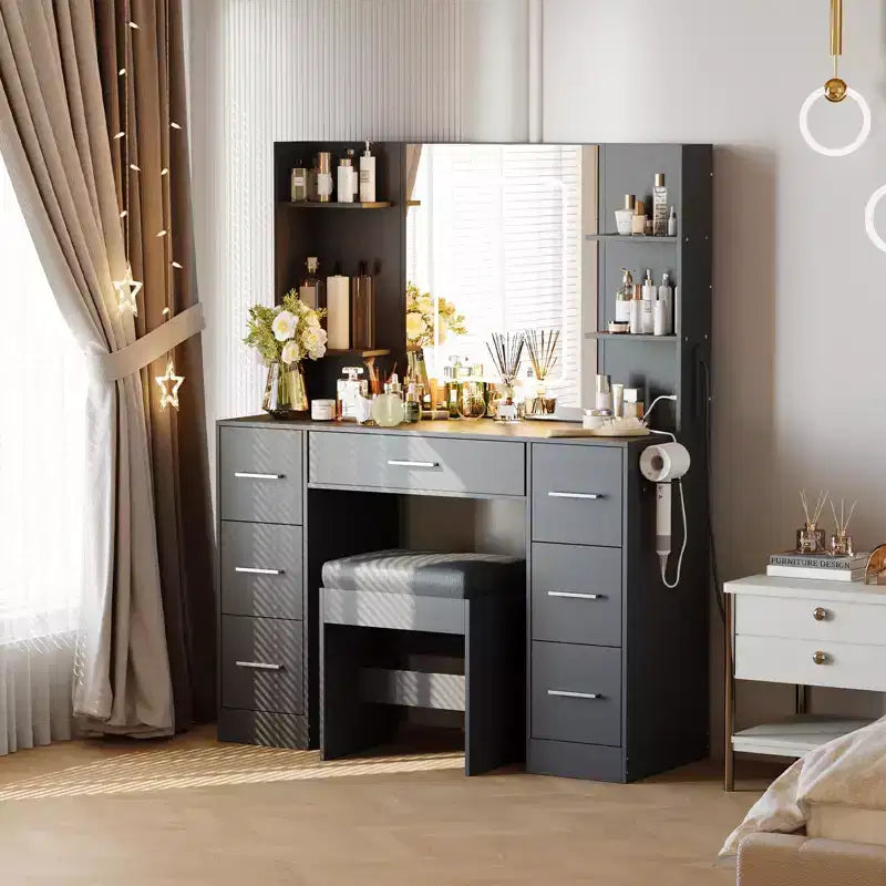 COZONY Vanity Desk with Lights, Mirror & Chair - Makeup Vanity Table with 7 Drawers, 6 Shelves & Adjustable Lighting