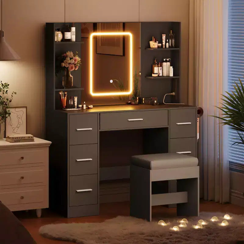 COZONY Vanity Desk with Lights, Mirror & Chair - Makeup Vanity Table with 7 Drawers, 6 Shelves & Adjustable Lighting