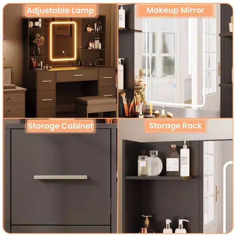 COZONY Vanity Desk with Lights, Mirror & Chair - Makeup Vanity Table with 7 Drawers, 6 Shelves & Adjustable Lighting