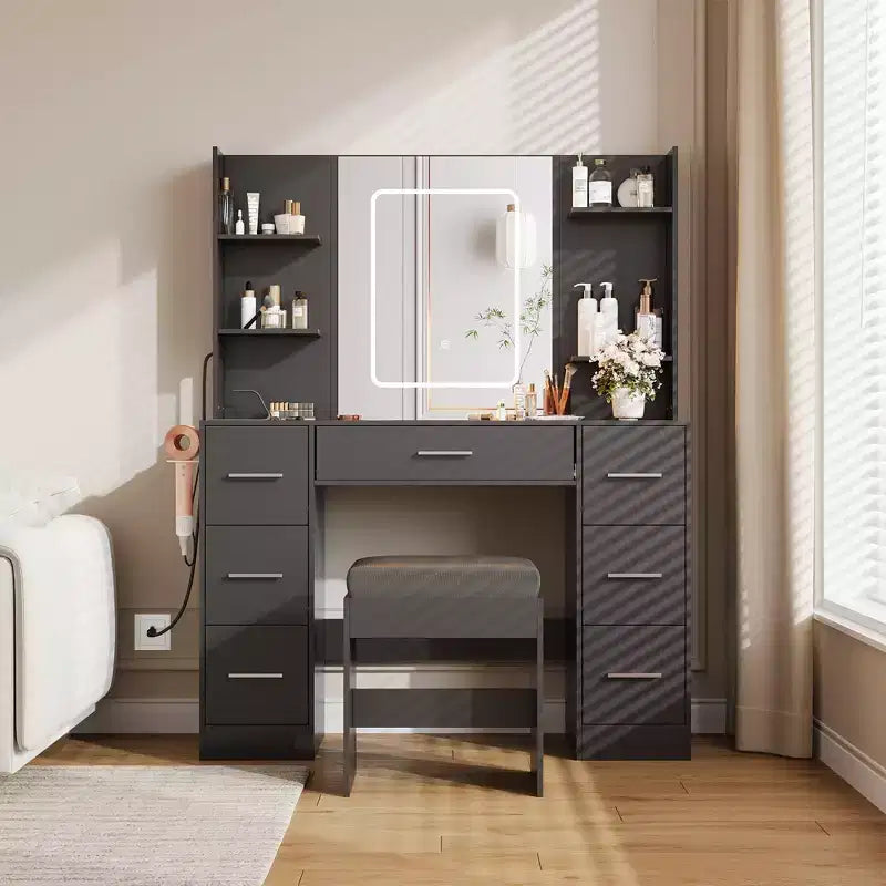 COZONY Vanity Desk with Lights, Mirror & Chair - Makeup Vanity Table with 7 Drawers, 6 Shelves & Adjustable Lighting