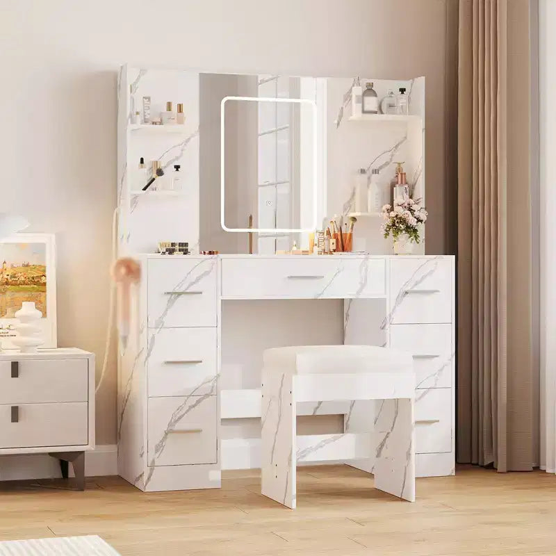 COZONY Vanity Desk with Lights, Mirror & Chair - Makeup Vanity Table with 7 Drawers, 6 Shelves & Adjustable Lighting