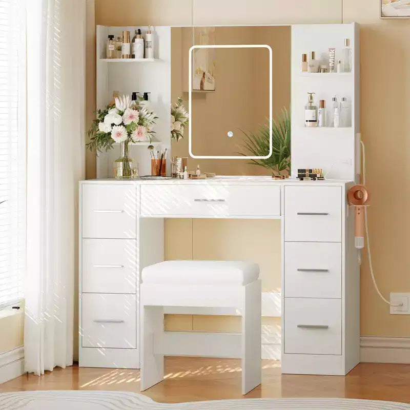 COZONY Vanity Desk with Lights, Mirror & Chair - Makeup Vanity Table with 7 Drawers, 6 Shelves & Adjustable Lighting