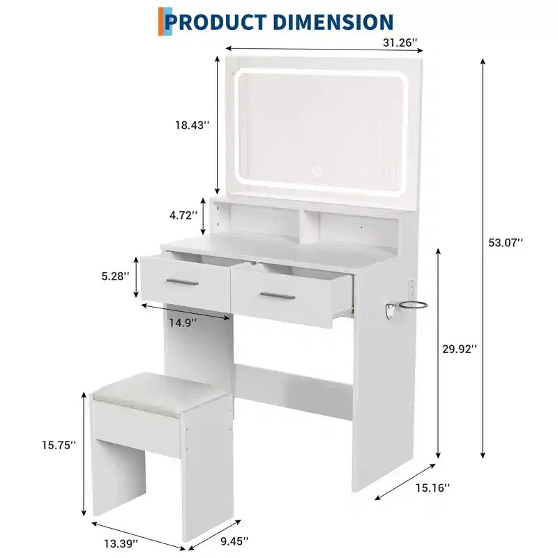 COZONY Vanity Desk with Mirror & Lights, Makeup Vanity with Cushioned Stool & 2 Drawers - Modern Dressing Table