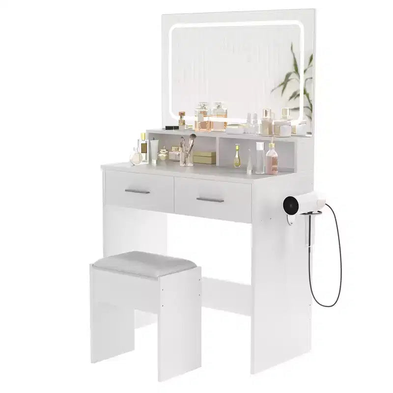 COZONY Vanity Desk with Mirror & Lights, Makeup Vanity with Cushioned Stool & 2 Drawers - Modern Dressing Table