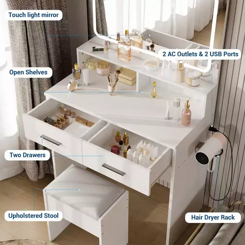 COZONY Vanity Desk with Mirror & Lights, Makeup Vanity with Cushioned Stool & 2 Drawers - Modern Dressing Table