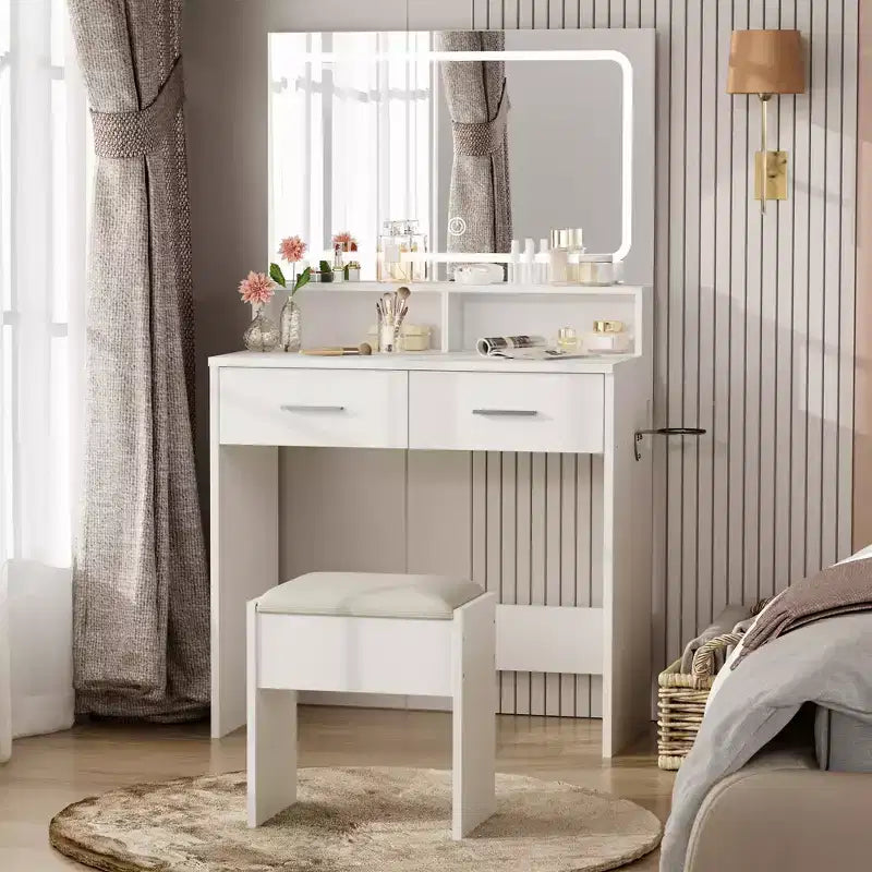 COZONY Vanity Desk with Mirror & Lights, Makeup Vanity with Cushioned Stool & 2 Drawers - Modern Dressing Table