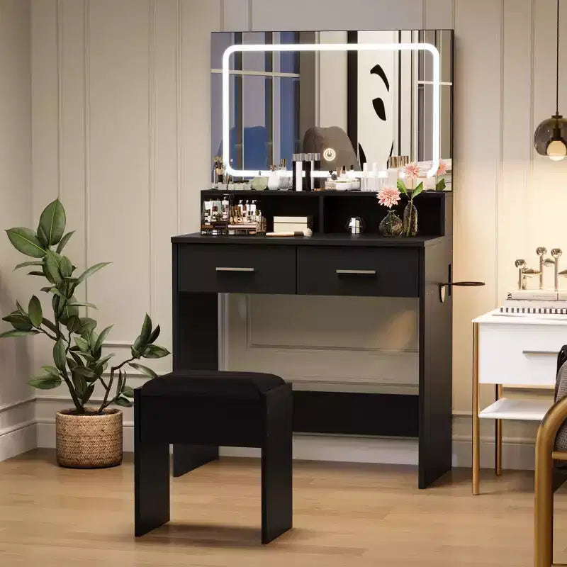 COZONY Vanity Desk with Mirror & Lights, Makeup Vanity with Cushioned Stool & 2 Drawers - Modern Dressing Table