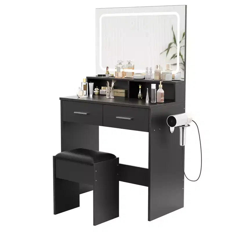 COZONY Vanity Desk with Mirror & Lights, Makeup Vanity with Cushioned Stool & 2 Drawers - Modern Dressing Table