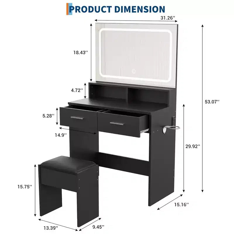 COZONY Vanity Desk with Mirror & Lights, Makeup Vanity with Cushioned Stool & 2 Drawers - Modern Dressing Table