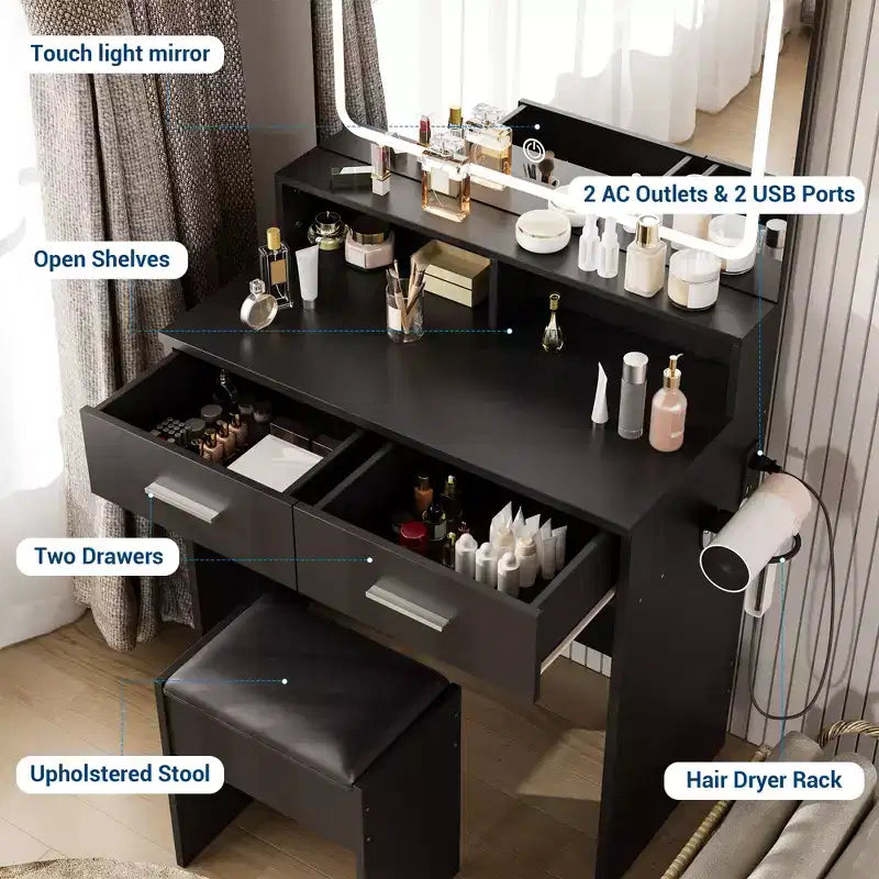 COZONY Vanity Desk with Mirror & Lights, Makeup Vanity with Cushioned Stool & 2 Drawers - Modern Dressing Table