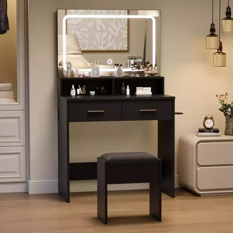 COZONY Vanity Desk with Mirror & Lights, Makeup Vanity with Cushioned Stool & 2 Drawers - Modern Dressing Table