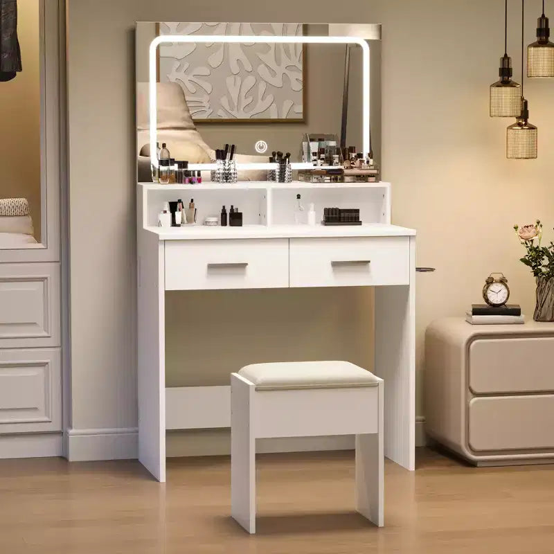 COZONY Vanity Desk with Mirror & Lights, Makeup Vanity with Cushioned Stool & 2 Drawers - Modern Dressing Table