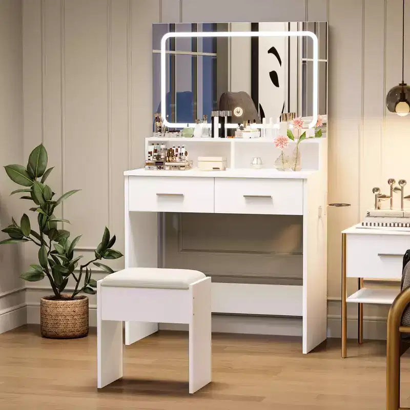 COZONY Vanity Desk with Mirror & Lights, Makeup Vanity with Cushioned Stool & 2 Drawers - Modern Dressing Table