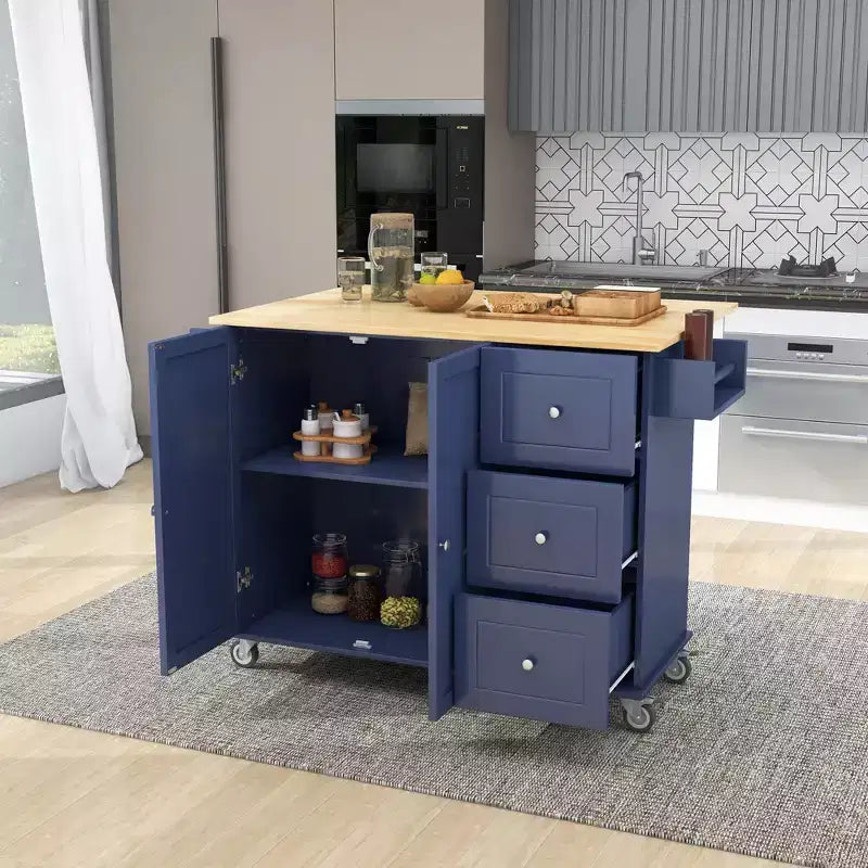 Rolling Mobile Kitchen Island with Solid Wood Top and Locking Wheels,Storage Cabinet and Drop Leaf Breakfast Bar, Spice Rack, Towel Rack & Drawer