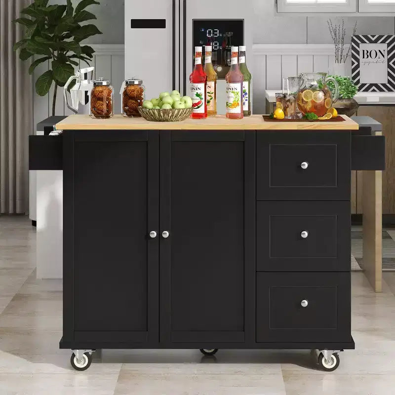 Rolling Mobile Kitchen Island with Solid Wood Top and Locking Wheels,Storage Cabinet and Drop Leaf Breakfast Bar, Spice Rack, Towel Rack & Drawer