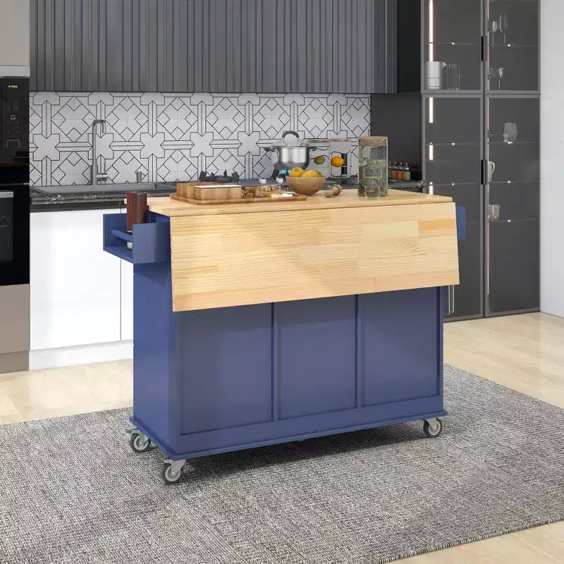 Rolling Mobile Kitchen Island with Solid Wood Top and Locking Wheels,Storage Cabinet and Drop Leaf Breakfast Bar, Spice Rack, Towel Rack & Drawer