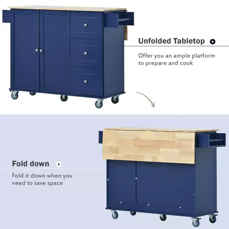 Rolling Mobile Kitchen Island with Solid Wood Top and Locking Wheels,Storage Cabinet and Drop Leaf Breakfast Bar, Spice Rack, Towel Rack & Drawer
