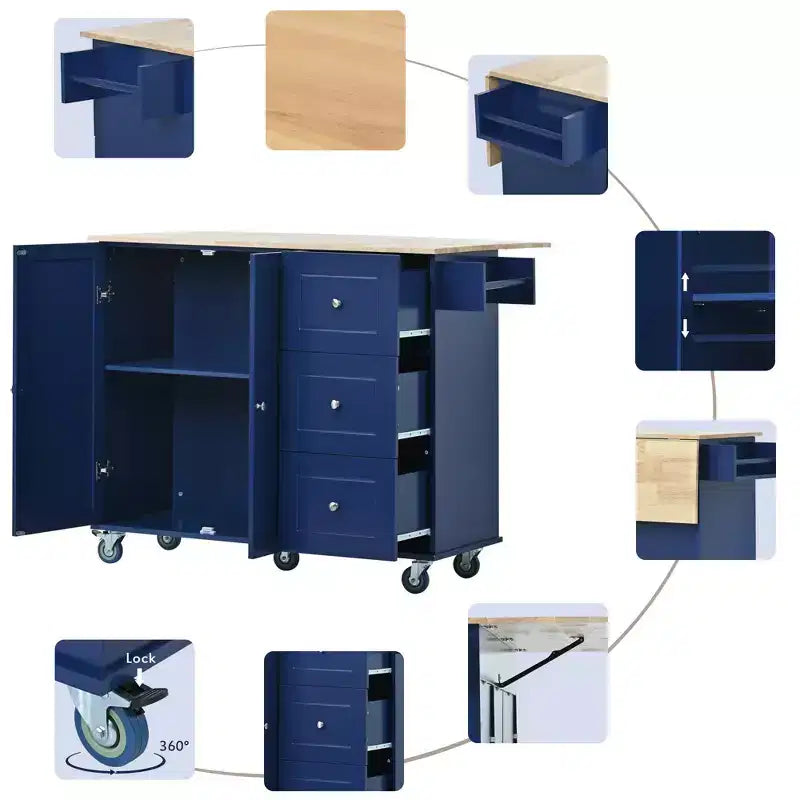 Rolling Mobile Kitchen Island with Solid Wood Top and Locking Wheels,Storage Cabinet and Drop Leaf Breakfast Bar, Spice Rack, Towel Rack & Drawer