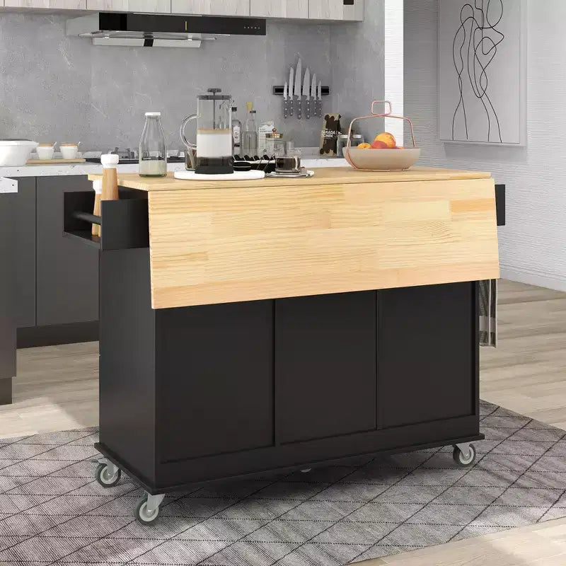 Rolling Mobile Kitchen Island with Solid Wood Top and Locking Wheels,Storage Cabinet and Drop Leaf Breakfast Bar, Spice Rack, Towel Rack & Drawer