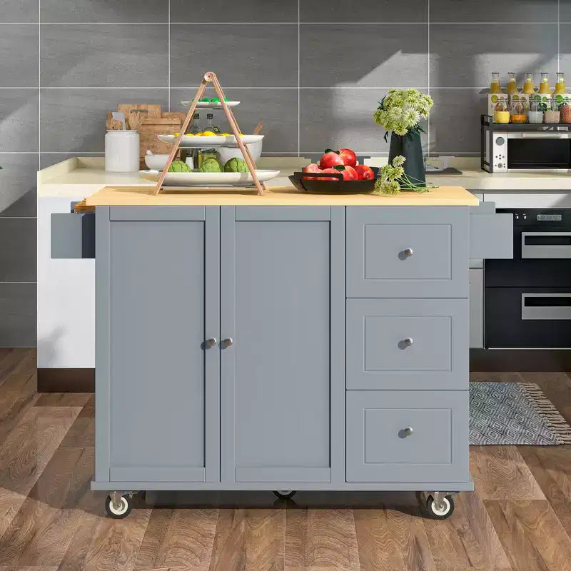 Rolling Mobile Kitchen Island with Solid Wood Top and Locking Wheels,Storage Cabinet and Drop Leaf Breakfast Bar, Spice Rack, Towel Rack & Drawer