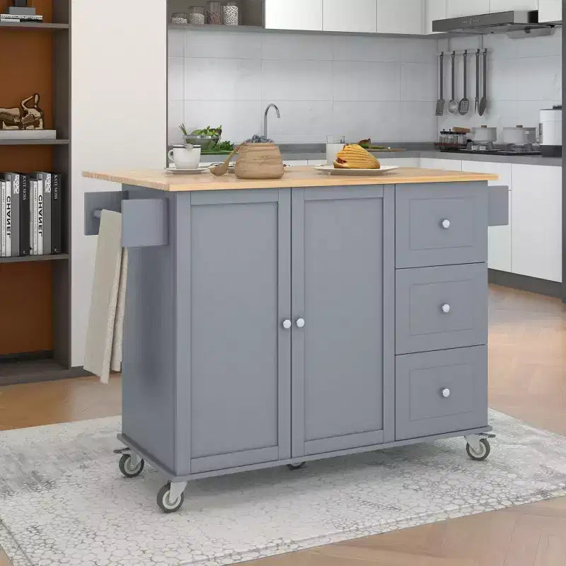 Rolling Mobile Kitchen Island with Solid Wood Top and Locking Wheels,Storage Cabinet and Drop Leaf Breakfast Bar, Spice Rack, Towel Rack & Drawer