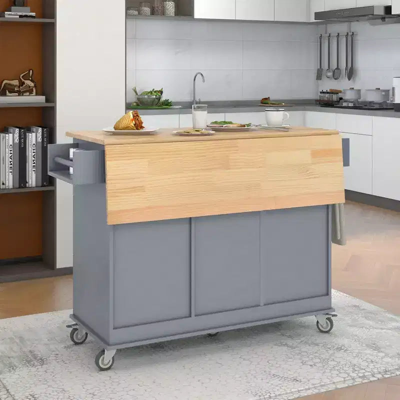 Rolling Mobile Kitchen Island with Solid Wood Top and Locking Wheels,Storage Cabinet and Drop Leaf Breakfast Bar, Spice Rack, Towel Rack & Drawer