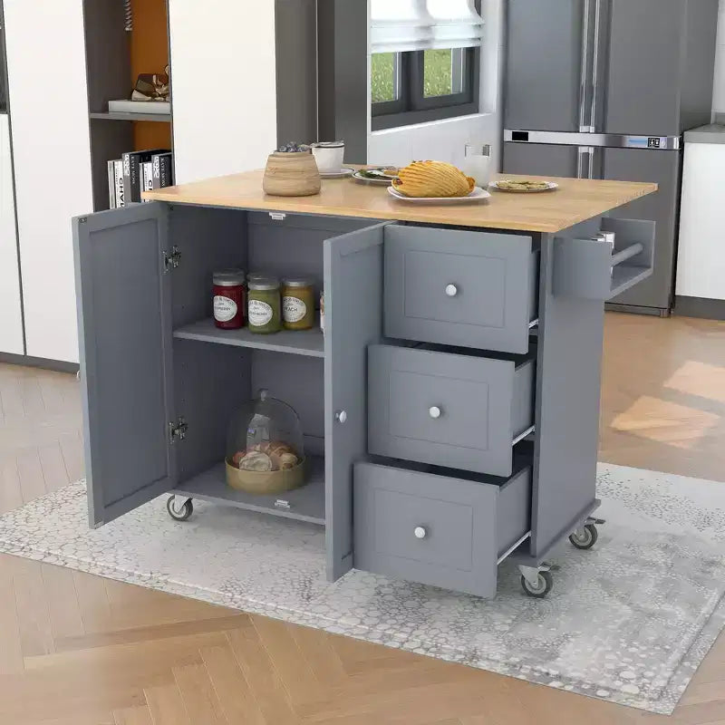 Rolling Mobile Kitchen Island with Solid Wood Top and Locking Wheels,Storage Cabinet and Drop Leaf Breakfast Bar, Spice Rack, Towel Rack & Drawer