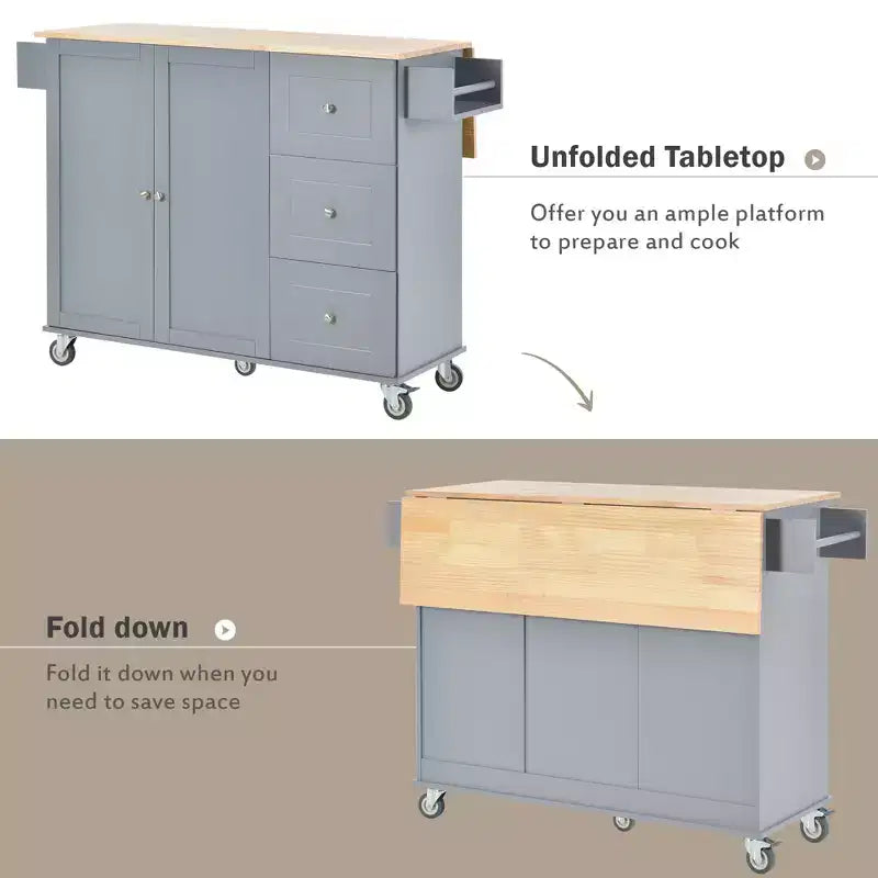 Rolling Mobile Kitchen Island with Solid Wood Top and Locking Wheels,Storage Cabinet and Drop Leaf Breakfast Bar, Spice Rack, Towel Rack & Drawer