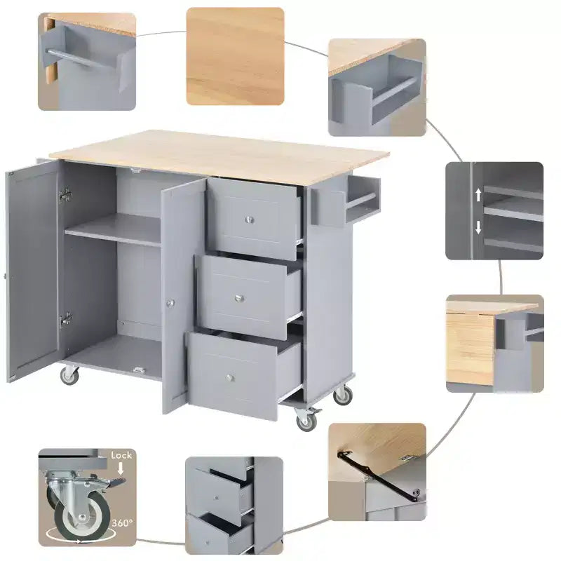 Rolling Mobile Kitchen Island with Solid Wood Top and Locking Wheels,Storage Cabinet and Drop Leaf Breakfast Bar, Spice Rack, Towel Rack & Drawer