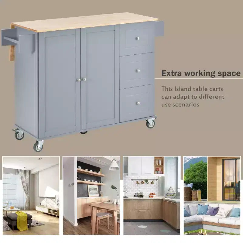 Rolling Mobile Kitchen Island with Solid Wood Top and Locking Wheels,Storage Cabinet and Drop Leaf Breakfast Bar, Spice Rack, Towel Rack & Drawer