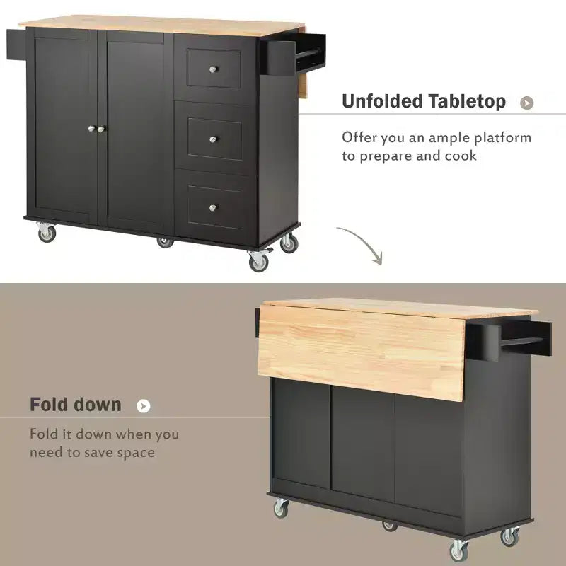 Rolling Mobile Kitchen Island with Solid Wood Top and Locking Wheels,Storage Cabinet and Drop Leaf Breakfast Bar, Spice Rack, Towel Rack & Drawer