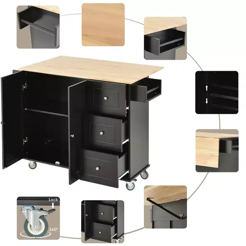 Rolling Mobile Kitchen Island with Solid Wood Top and Locking Wheels,Storage Cabinet and Drop Leaf Breakfast Bar, Spice Rack, Towel Rack & Drawer